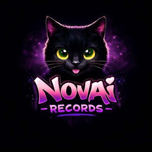 Novai Records — AI record label logo featuring a black cat with green eyes against a cosmic purple background