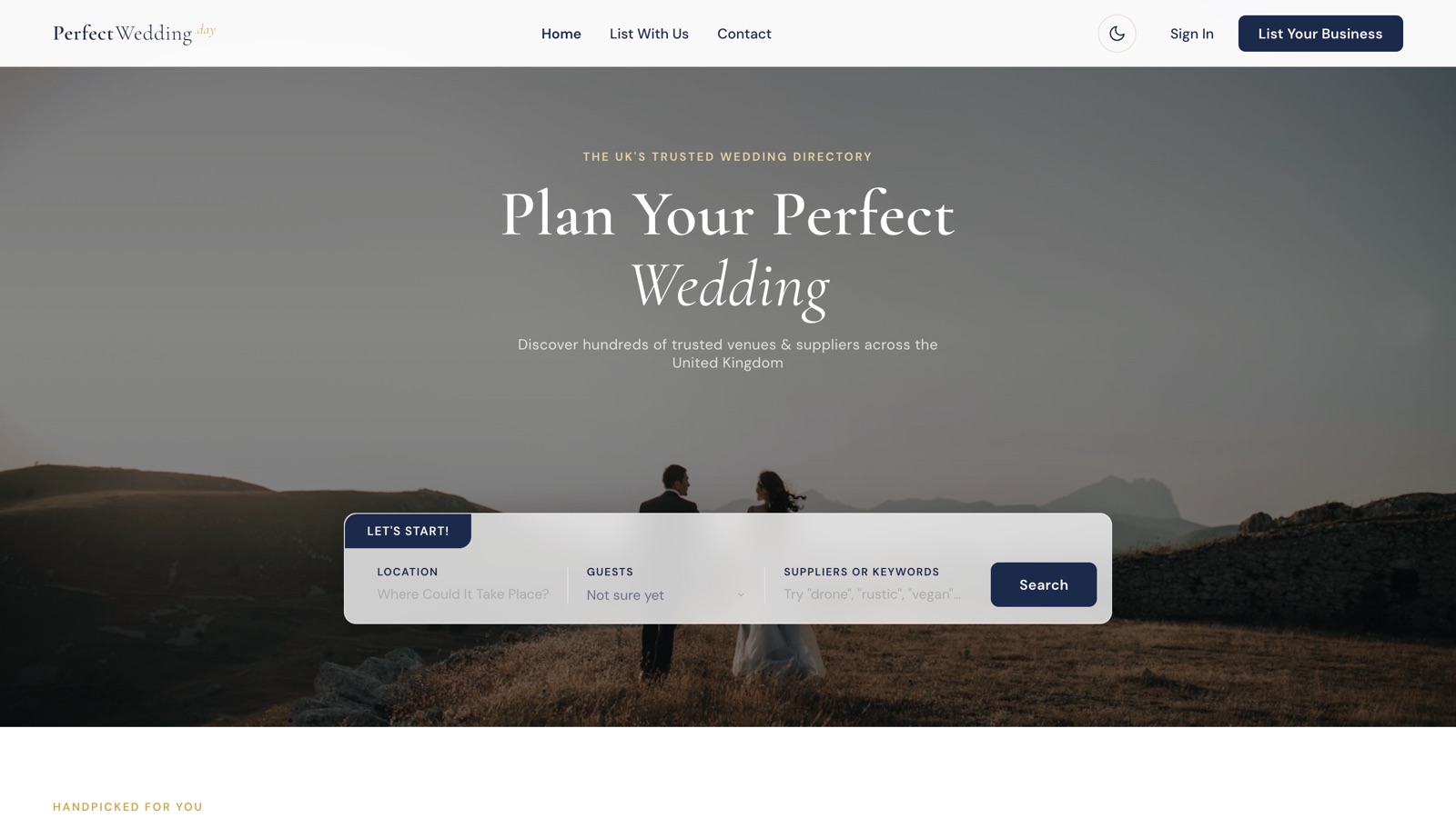 Perfect Wedding Day — a UK directory for wedding venues and suppliers, with a hero photo of a couple at sunset