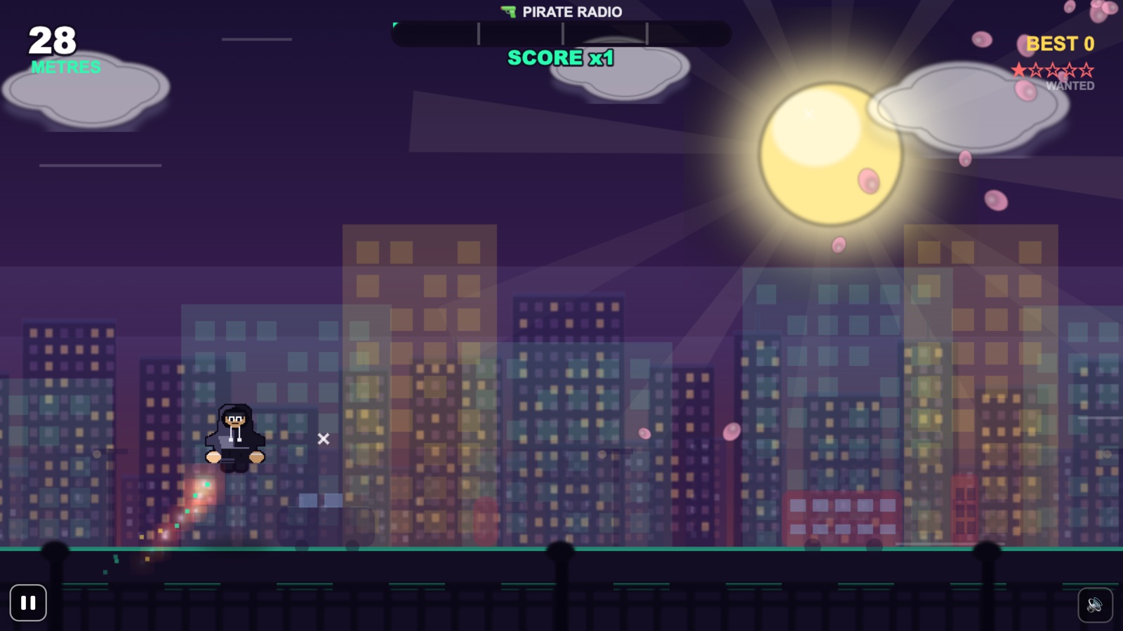Roadman Run — gameplay screenshot of a character mid-jump against a stylised UK city skyline at dusk